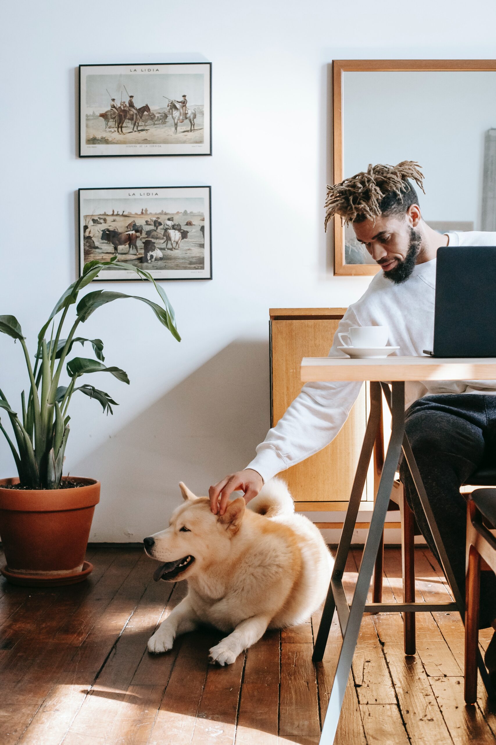 A man patting a dog whilst working from home